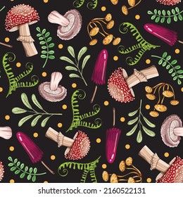 Seamless repeating pattern with bright colored mushrooms and twigs on a dark background. Pattern for fabric, wrapping paper, wallpaper. Vector illustration.