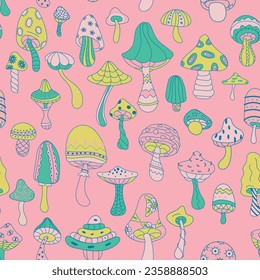 Seamless repeating pattern with bright colored mushrooms and twigs on a dark background. Pattern for fabric, wrapping paper, wallpaper. Vector illustration.