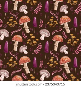 Seamless repeating pattern with bright colored mushrooms and twigs on a dark background. Pattern for fabric, wrapping paper, wallpaper. Vector illustration.