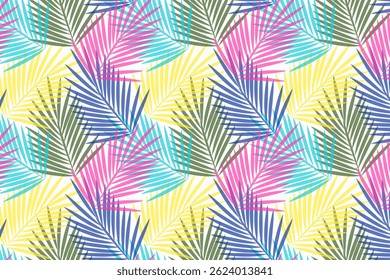 Padrão repetitivo contínuo de folhas tropicais coloridas brilhantes.