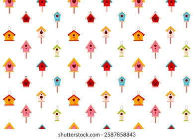 Seamless repeating pattern of bright red and yellow birdhouses. Ideal for wallpaper, wrapping paper, and fabric