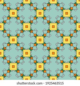 Seamless repeating pattern of brightly colored squares of different sizes. Diagonal geometric print on a pale greenish background. Ideal for any your bold design or advertising project.
