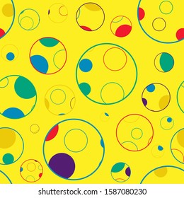 Seamless repeating pattern of brightly coloured circles within circles on a sponge yellow background - Vector. Suitable for use in wallpaper, gift wrap, product design, print etc.  