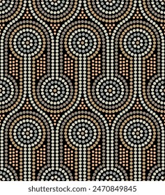 Seamless repeating pattern with brown and white dotted lines and concentric circles on a black background. Ethnic style mosaic with small colorful dots. Abstract geometric retro style design.