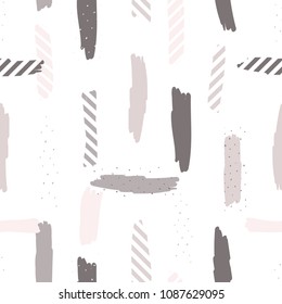 Seamless repeating pattern with brush strokes in pastel pink, purple and dots texture on white background. Creative and modern tiling background, poster, textile, greeting card design.