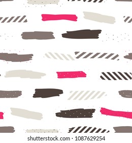 Seamless repeating pattern with brush strokes in pastel pink, purple and dots texture on white background. Creative and modern tiling background, poster, textile, greeting card design.