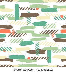 Seamless repeating pattern with brush strokes in pastel brown, green and dots texture on white background. Creative abd modern tiling background, poster, textile, greeting card design.
