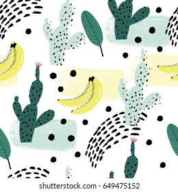 Seamless repeating pattern with cactus and bananas on white background. Good for paper, poster, textile, greeting card design.