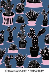 Seamless repeating pattern with cactus on blue background. Good for paper, poster, textile, greeting card design.