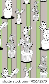 Seamless repeating pattern with cactus on stripe background. Good for paper, poster, textile, greeting card design.