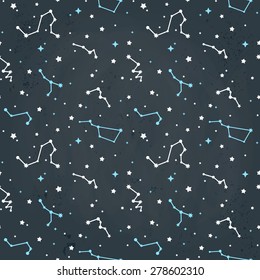 Seamless repeating pattern with cartoon constellations of stars on a sky grungy background