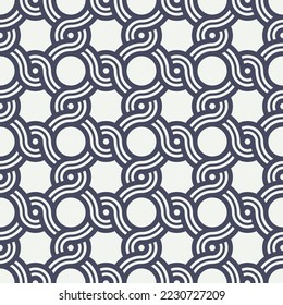 Seamless repeating pattern with chained striped circles. Decorative motif in retro style. Blue and white geometric vector illustration.