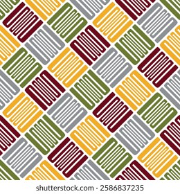 Seamless repeating pattern with a checkered grid of multicolored squares on a white background in a modern style. Abstract design. Vector illustration.