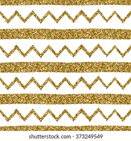 Seamless repeating pattern with chevron and lines in gold glitter on white background.