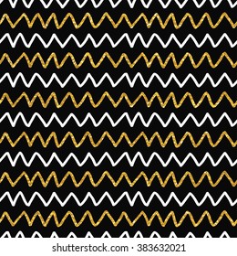 Seamless repeating pattern with chevron lines in gold glitter black and white colors.