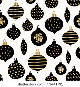 Seamless repeating pattern with Christmas baubles in black and gold on white background. Stylish minimalist Christmas wallpaper, wrapping paper, wall art design.