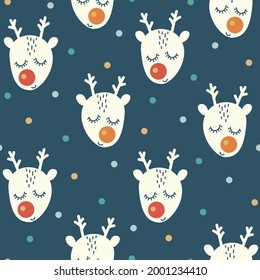 Seamless repeating pattern Christmas deer on a dark background. Vector cute illustrations in hand-drawn Scandinavian cartoon style on the New Year theme. Suitable for wrapping paper, packaging.