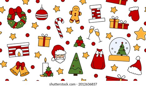 Seamless repeating pattern with Christmas and Happy New Year symbols. In vintage traditional style for postcard, fabric, banner, template for congratulations, wrapping paper. Vector flat illustration