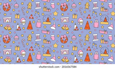 Seamless repeating pattern with Christmas and Happy New Year symbols. In vintage traditional style for postcard, fabric, banner, template for congratulations, wrapping paper. Vector flat illustration