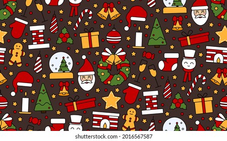 Seamless repeating pattern with Christmas and Happy New Year symbols. In vintage traditional style for postcard, fabric, banner, template for congratulations, wrapping paper. Vector flat illustration