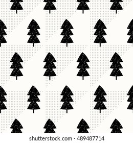 Seamless repeating pattern with Christmas trees in black and textured triangles on white background.