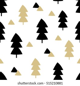 Seamless repeating pattern with Christmas trees and triangle shapes in black and gold on white background. Stylish minimalist Christmas wallpaper, wrapping paper, wall art design.