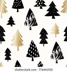 Seamless repeating pattern with Christmas trees in black and gold on white background. Stylish minimalist Christmas wallpaper, wrapping paper, wall art design.