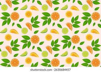 Seamless repeating pattern of citrus fruits with leaves. Vector illustration.