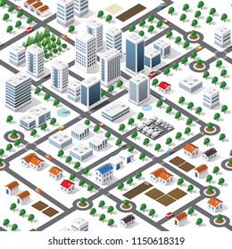 Seamless repeating pattern city isometric architecture business concept background