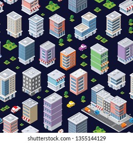 Seamless repeating pattern city isometric architecture business concept background