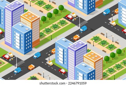 Seamless repeating pattern city isometric architecture business