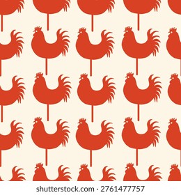Seamless repeating pattern with classic red rooster lollipops on a stick. Nostalgic childhood designs, traditional sweet packaging, and retro textile decorations.