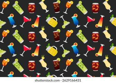 Seamless repeating pattern of cocktails on a dark background. Vector illustration.