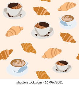 seamless repeating pattern of coffee cups and croissant