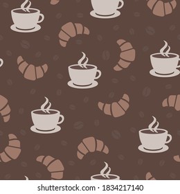 seamless repeating pattern of coffee cups and croissants on brown background