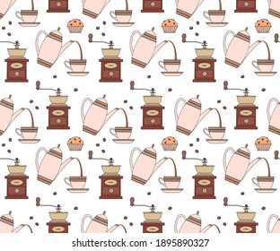 Seamless repeating pattern with coffee pot, cup, coffee grinder and cupcake.