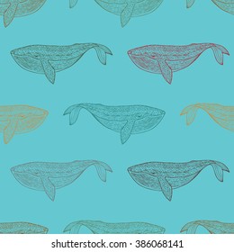 Seamless repeating pattern of colored flock of whales, fish, mammals swim each other. Picture painted by hand. Multicolored whale silhouette on a blue background. Maritime seamless pattern. Vector. 