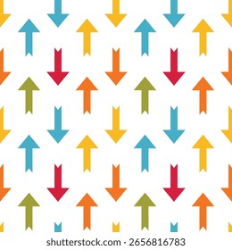 A seamless repeating pattern of colorful arrows pointing in alternating directions. The arrows are arranged in evenly spaced rows, decorated in soft pastel tones on a white background.