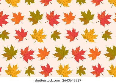 Seamless repeating pattern of colorful autumn maple leaves. Vector illustration.