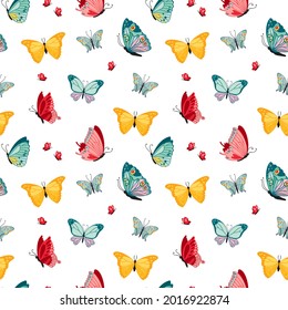 Seamless repeating pattern with colorful butterflies. Bright vector illustration on a white background. Multicolored cute insects. 
Ornament for your design, textiles, packaging.