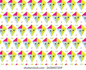 seamless, repeating pattern of colorful, cartoon-style playful kites with eyes
