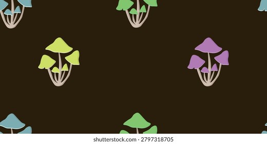 Seamless repeating pattern with colorful forest mushrooms on a brown background. Ideal for fabric, wallpaper, wrapping paper, textile, stationery, packaging, scrapbook paper and autumn-inspired designs.