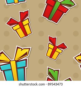 Seamless repeating pattern with colorful gift boxes and ribbons on a dotted background. Vector illustration