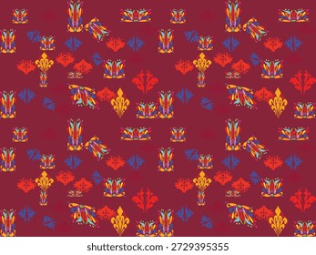 Seamless repeating pattern with colorful ornamental floral and leaf motifs on a deep red background. Decorative folk-inspired design with vibrant shapes and balanced spacing, suitable for textile printing, fabric, fashion design, wallpaper, wrapping paper, stationery, and creative surface backgrounds.