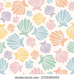 Seamless repeating pattern with colorful pastel seashell shapes. Cute and playful coastal design suitable for invitations, textiles, home decor.