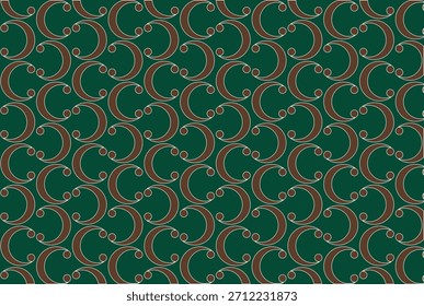 A seamless repeating pattern composed of curved wave-like lines and small circular accents. The design uses warm brown and beige tones against a dark green background, producing a rhythmic and decorative effect. Ideal for textiles, wallpapers, and graphic design projects, this artwork conveys balance, symmetry, and organic flow with a contemporary aesthetic.