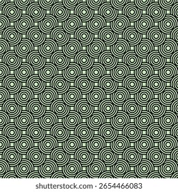  A seamless, repeating pattern composed of interconnected black concentric circles on a soft, pale green background, creating an optical illusion of overlapping and interlocking shapes.