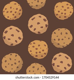 Seamless repeating pattern of cookies on brown background