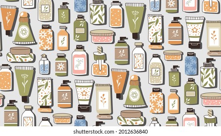 Seamless repeating pattern with cosmetics. A set of bottles and tubes, jars for skin care with face, hair and body cream. Fashion style for a postcard, banner, template for wrapping paper. Vector