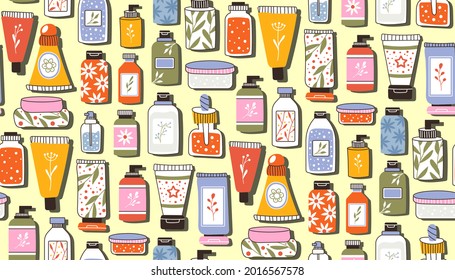 Seamless repeating pattern with cosmetics. A set of bottles and tubes, jars for skin care with face, hair and body cream. Fashion style for a postcard, banner, template for wrapping paper. Vector